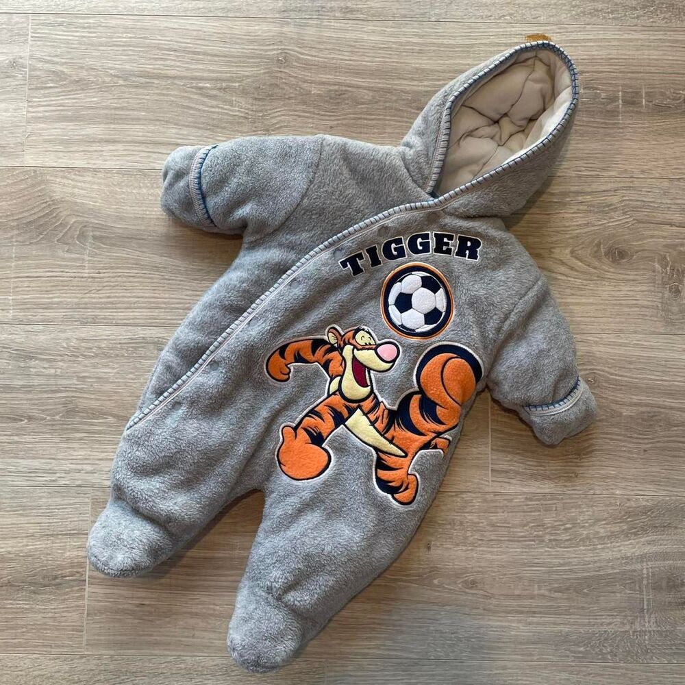 Disney Grey and Orange Tigger Snowsuit Fleece 3/6 Months Baby Kidcore Retro Pooh
